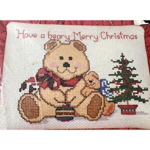 Bucilla Christmas Cross Stitch Kit "Beary Merry Christmas" Teddy Bear Wall Hangi